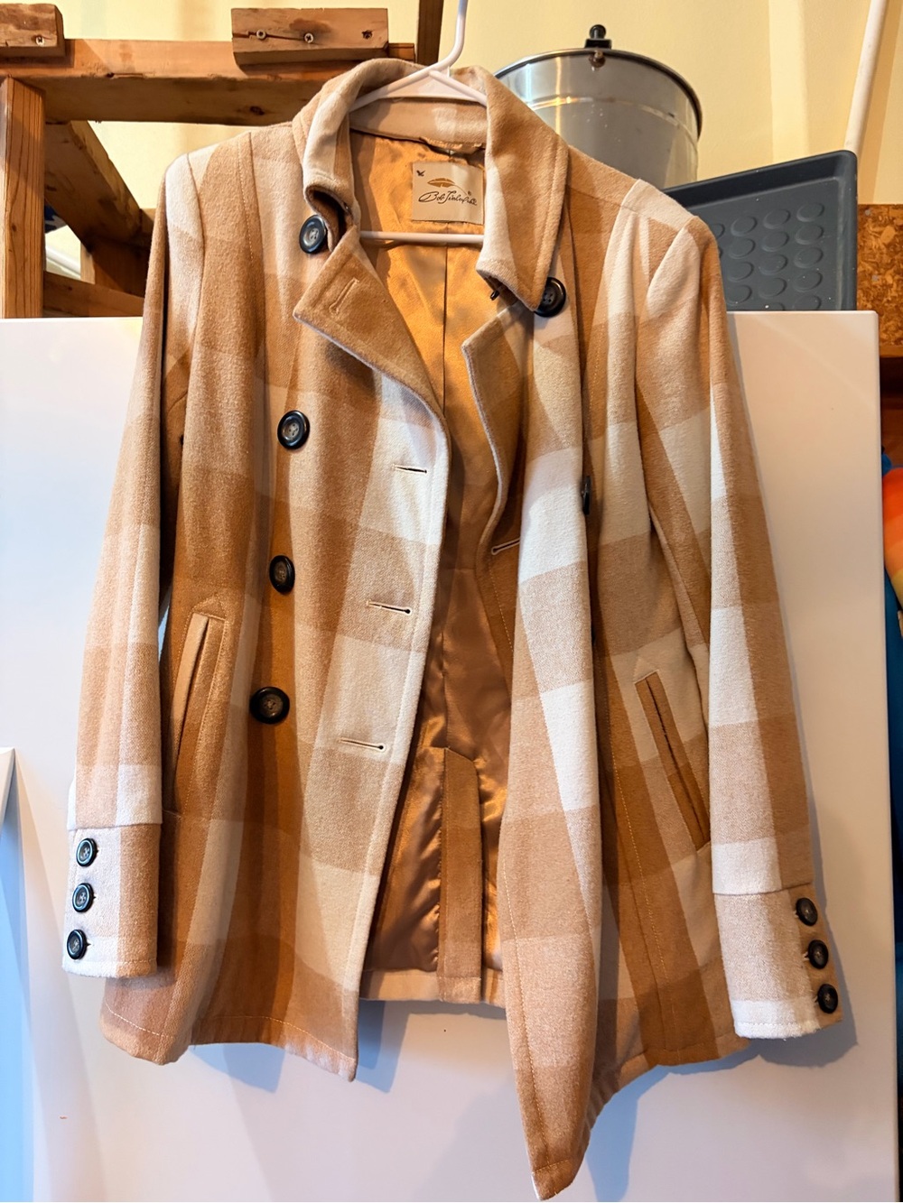 Wool-Blend Checked Peacoat in Camel & Cream